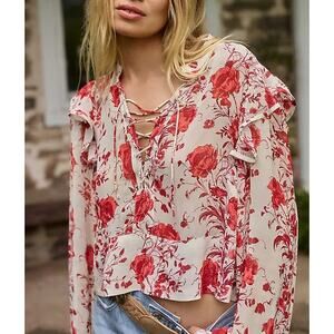 Maeve Floral Print Long-Sleeve Lace-Up Ruffled Sheer Blouse White Red Small P